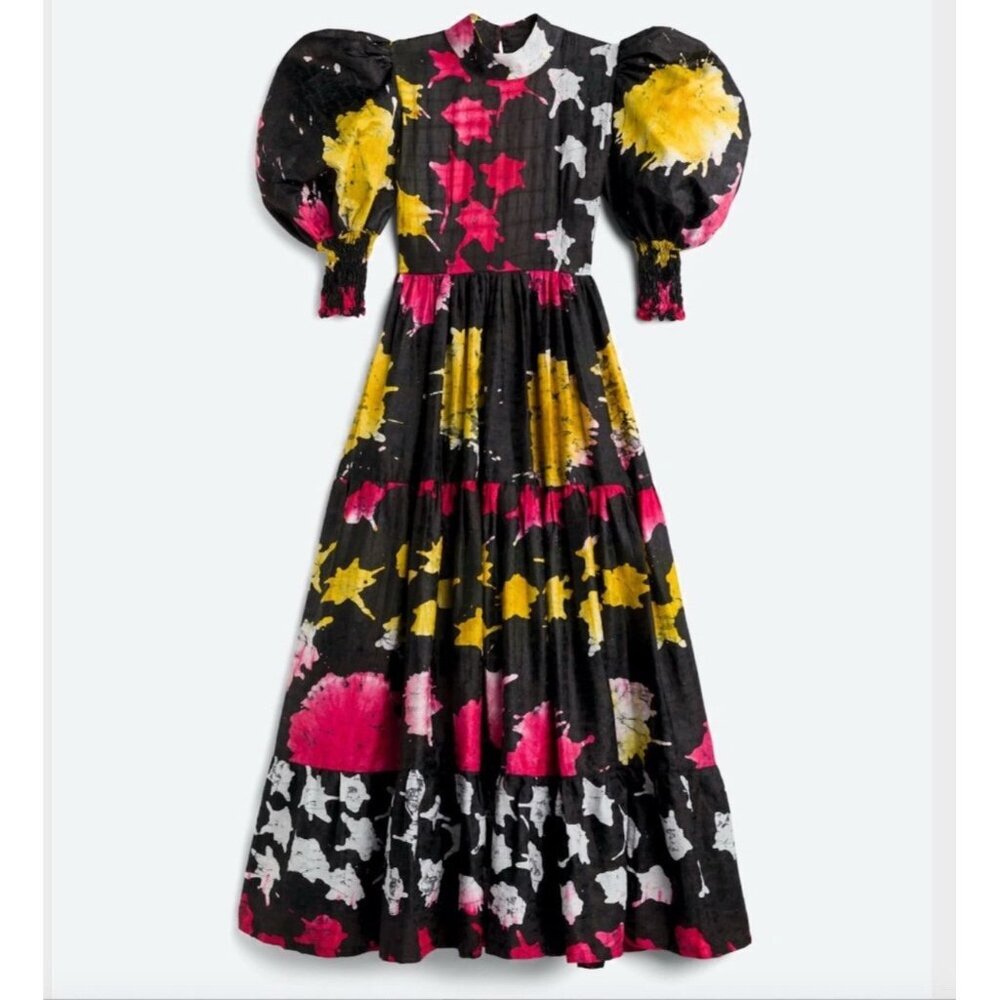 Busayo NYC Black Pink Bayo Puff Sleeve Splash Print Maxi Dress Women’s L NEW